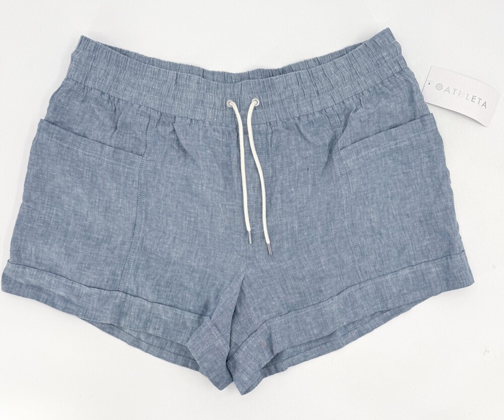 New Athleta Linen Shorts Womens 18 Blue Cabo 4" Pull On Drawstring Casual